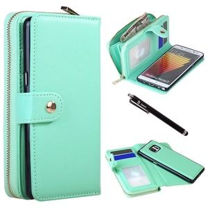 Galaxy Note 7 Premium PU Leather Wallet Bag Zipper Case Card Slots Mint Green